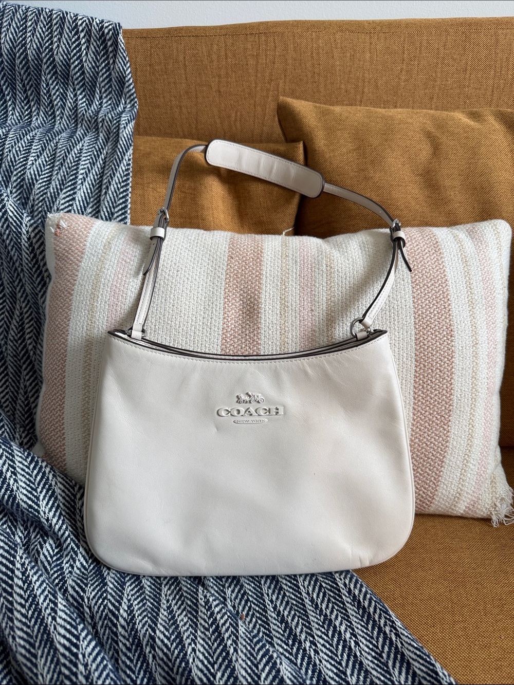 Coach Cream Leather Shoulder Bag with Silver Logo